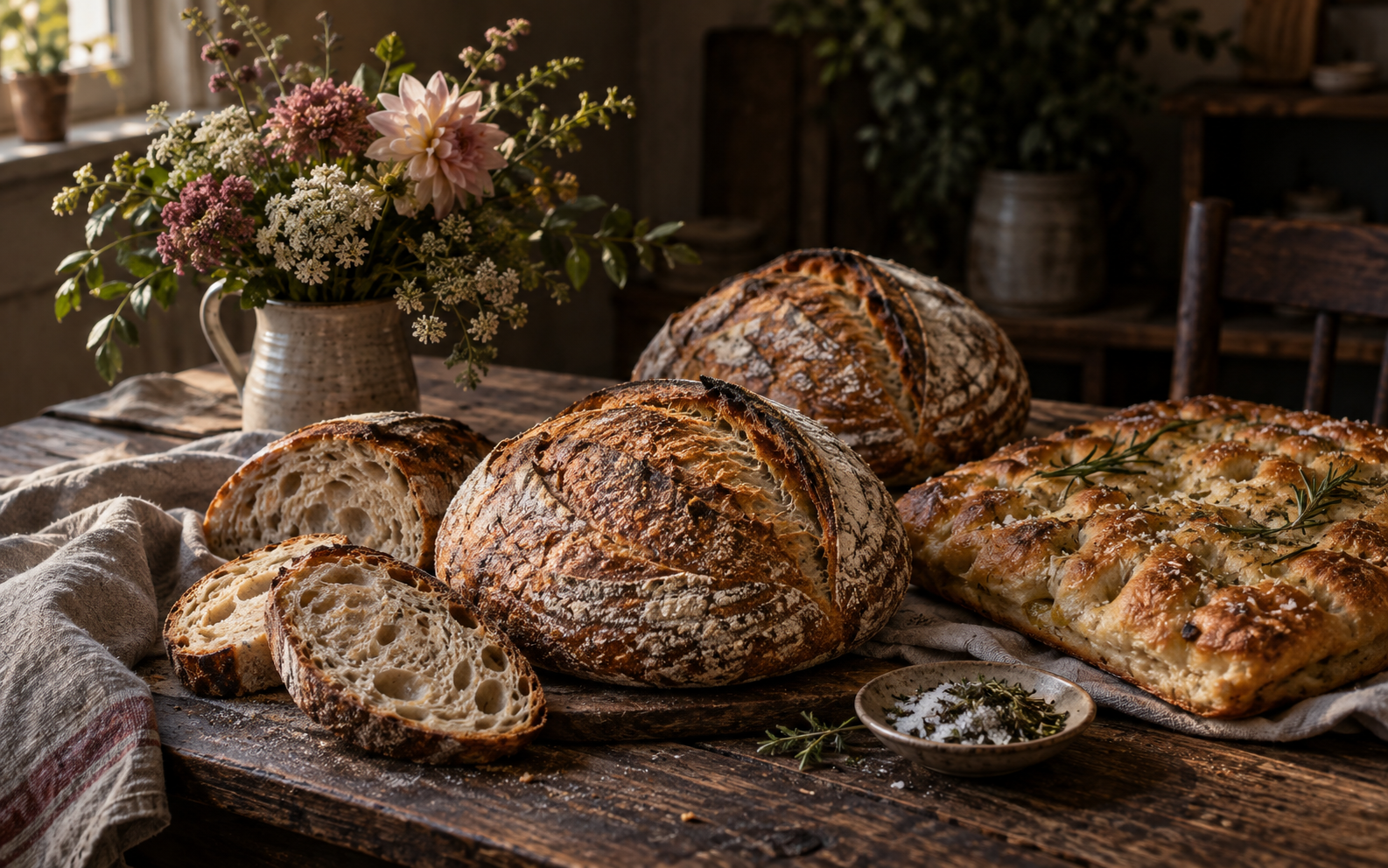 Artisan sourdough and focaccia beside a garden bouquet on a rustic table
