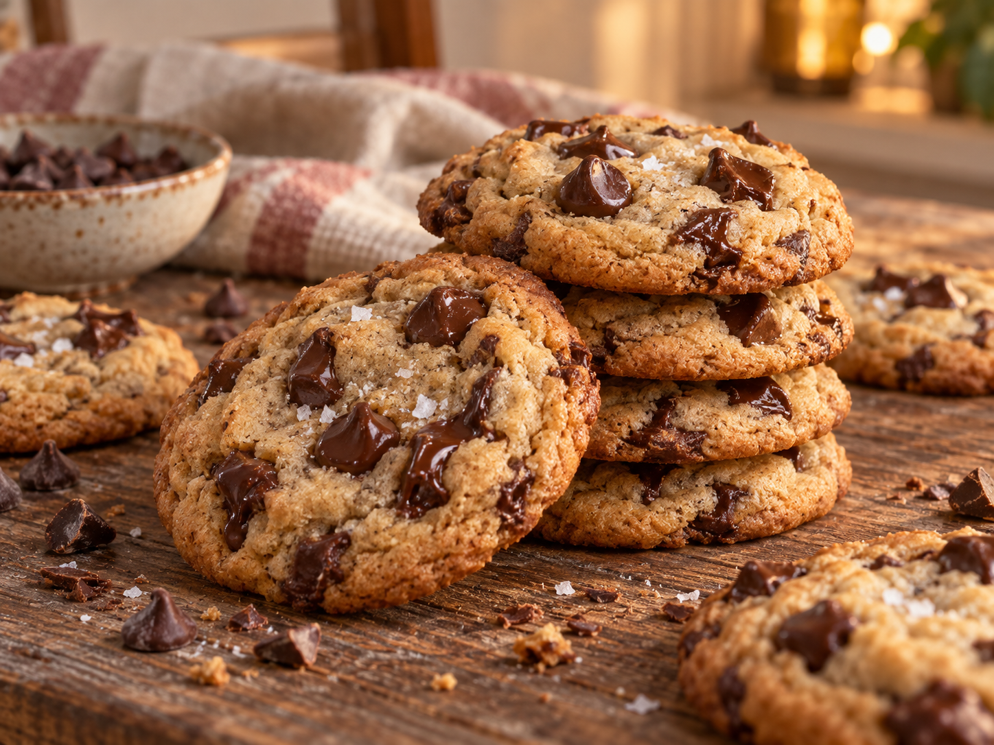 Stack of classic chocolate chip cookies with flaky salt