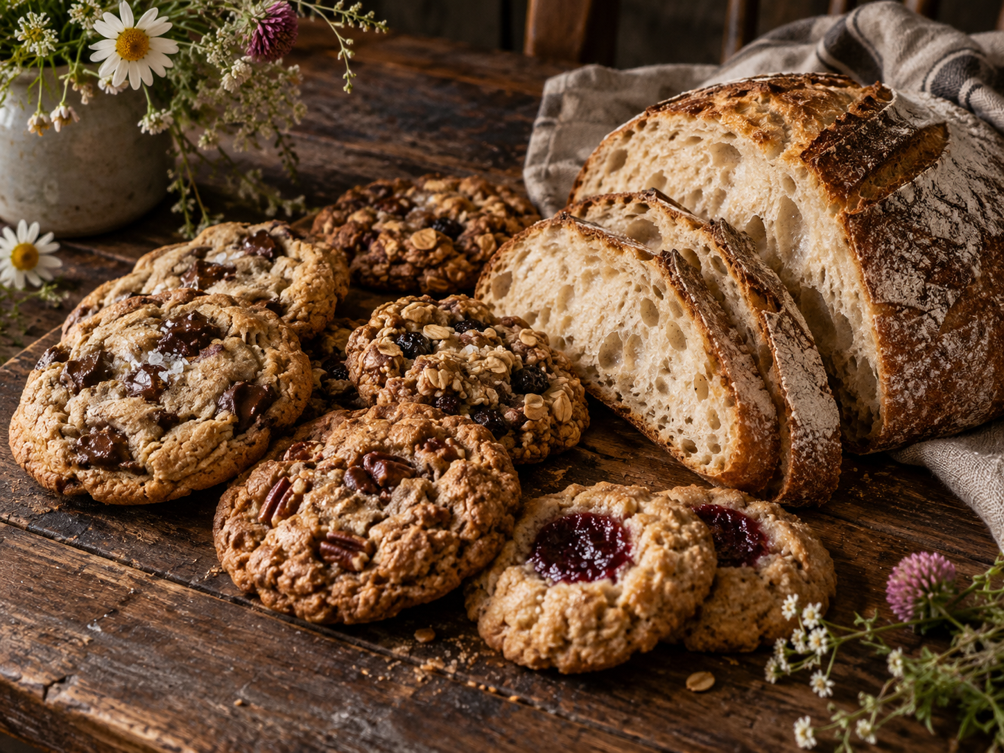Rustic cookies, sliced sourdough, and wildflowers