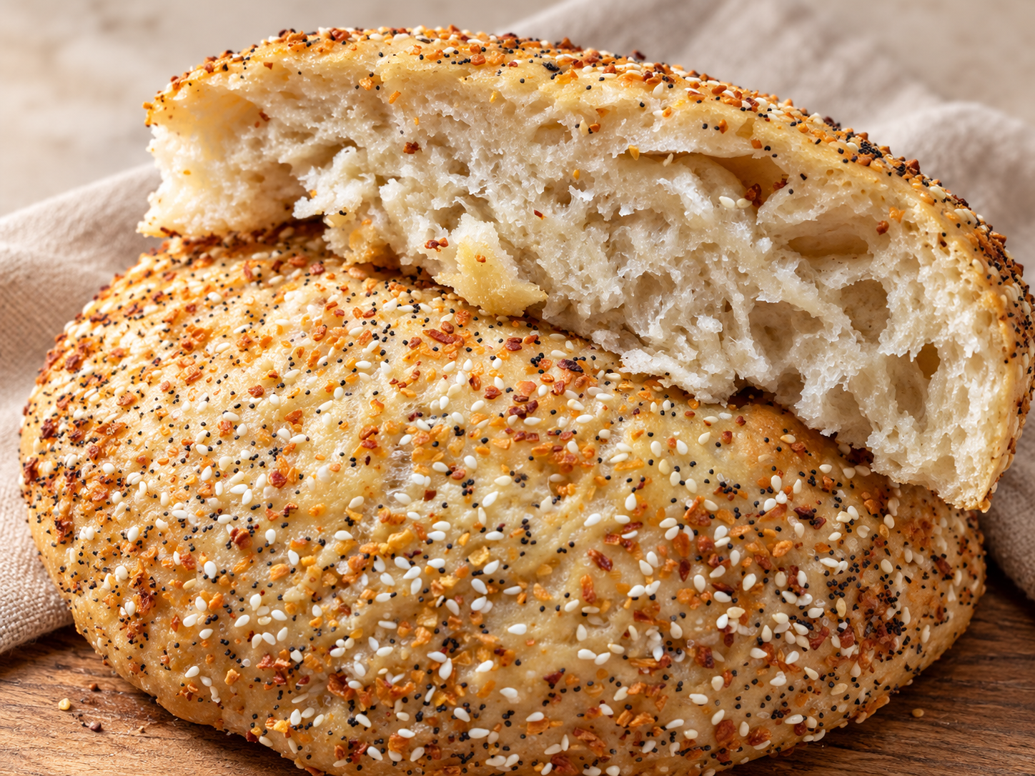 Everything Bagel focaccia covered with sesame and poppy seeds