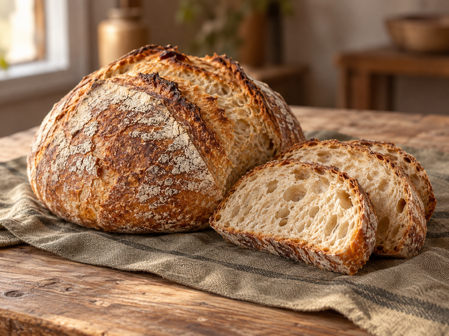 Sliced artisan sourdough loaf on a rustic table
